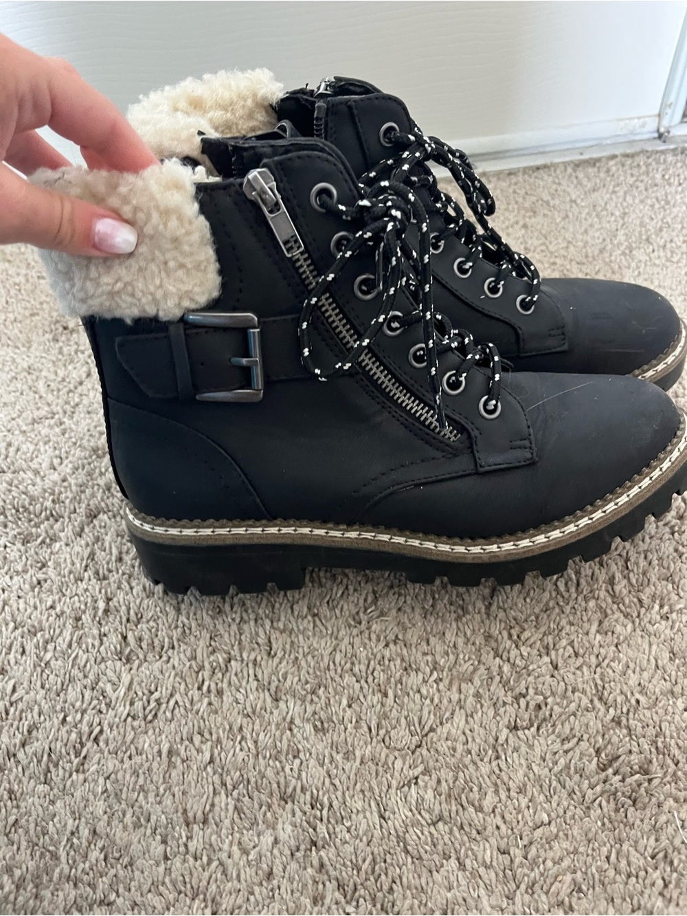 Universal Thread Black Lace-Up Faux-Shearling Buckle Boots